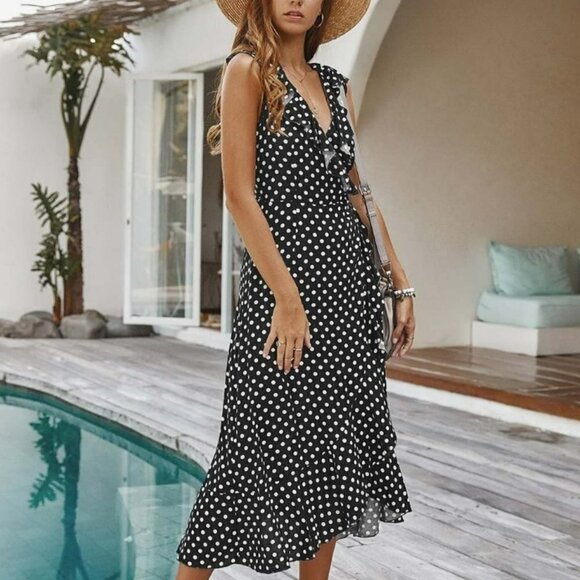 Supreme Fashion Dresses & Skirts - Black Polka Dot Ruffle Accent Wrap Dress